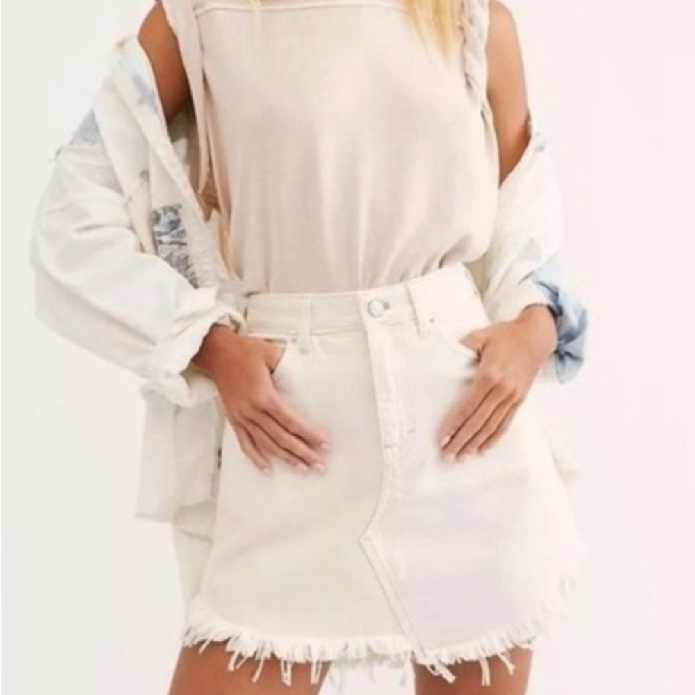 Free People Jean White Frayed Hem Skirt